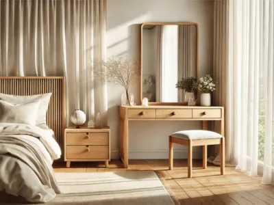 A minimalist bedroom showing a vanity placed beside the bed according to Feng Shui rules.