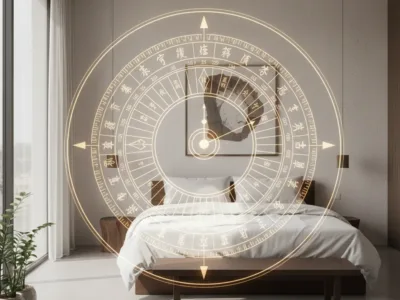 A professional bedroom layout showing the Feng Shui compass directions for optimal bed placement.