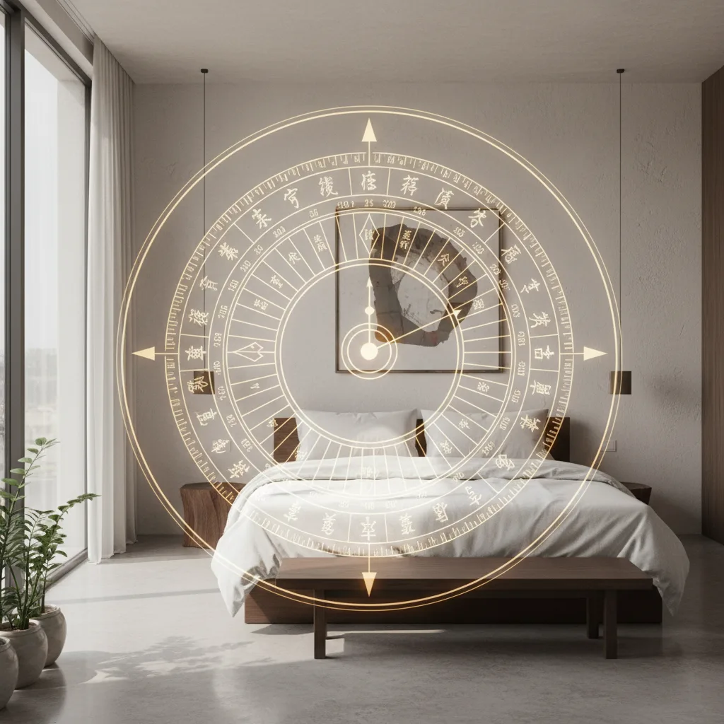 專業的臥室佈局，顯示最佳床位擺放的風水羅盤方位。.