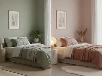 Comparison of healing green and romantic pink color palettes for a Feng Shui optimized bedroom.