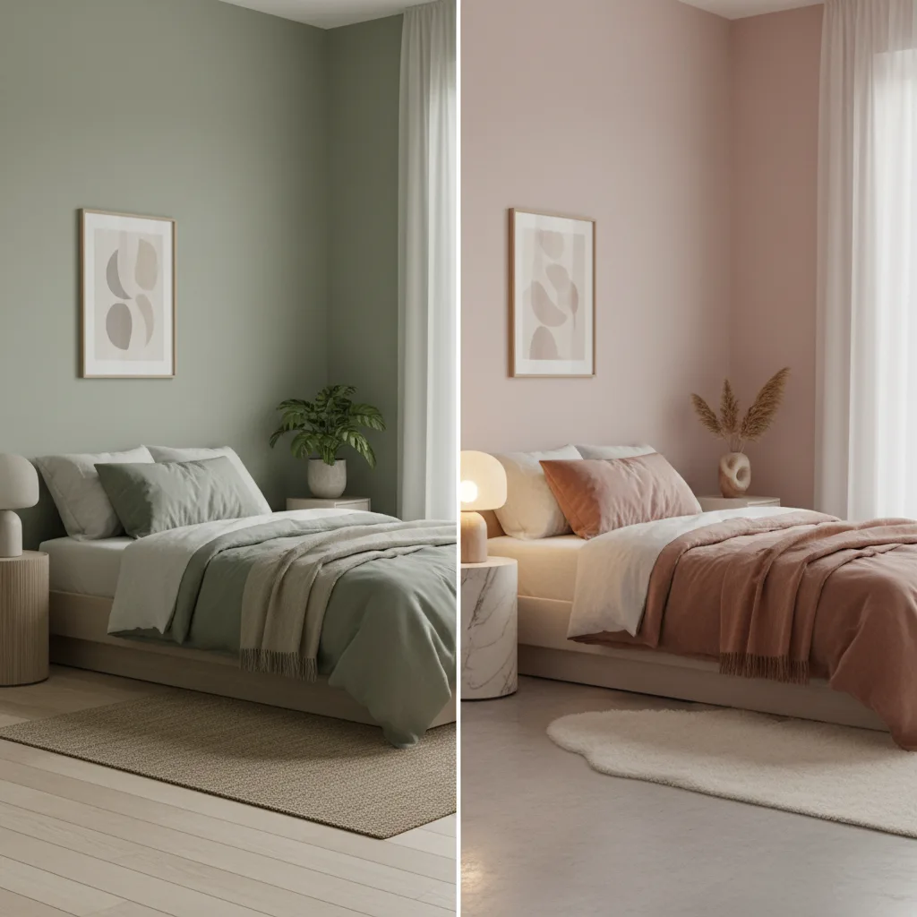風水優化臥室的治療綠色和浪漫粉紅色調比較。.
