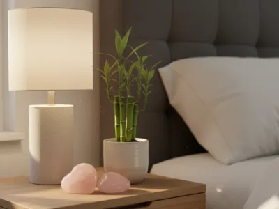 A collection of Feng Shui luck items including rose quartz and lucky bamboo on a bedroom nightstand.